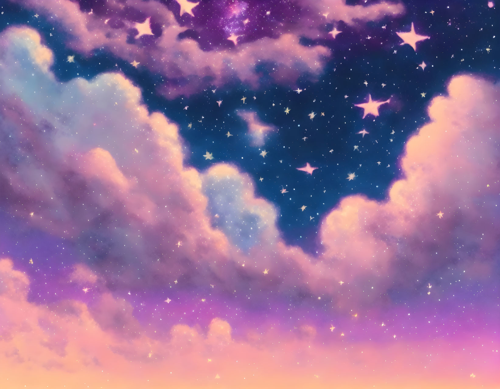 Pink and Blue Dreamy Sky with Fluffy Clouds and Sparkling Stars