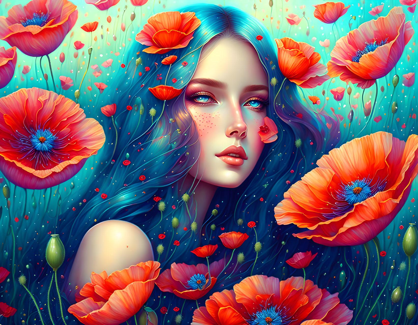 Surreal illustration of woman with blue hair among red poppies and rain droplets