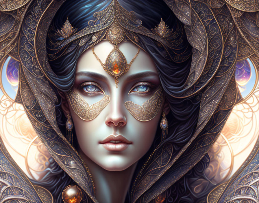 Detailed woman illustration with adorned hair and mystical gaze