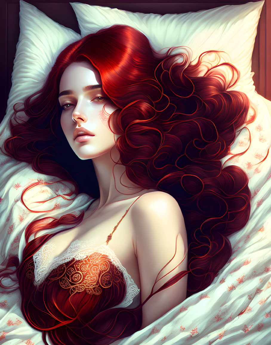 Red-haired woman reclining on bed with floral sheets.