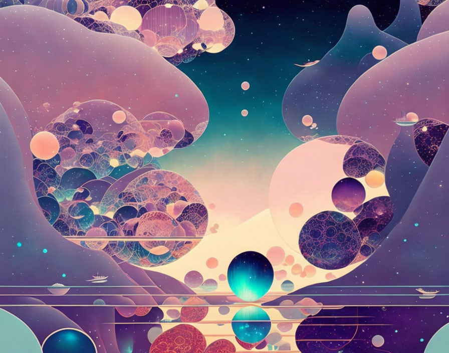 Colorful Bubble Spheres in Serene Seascape