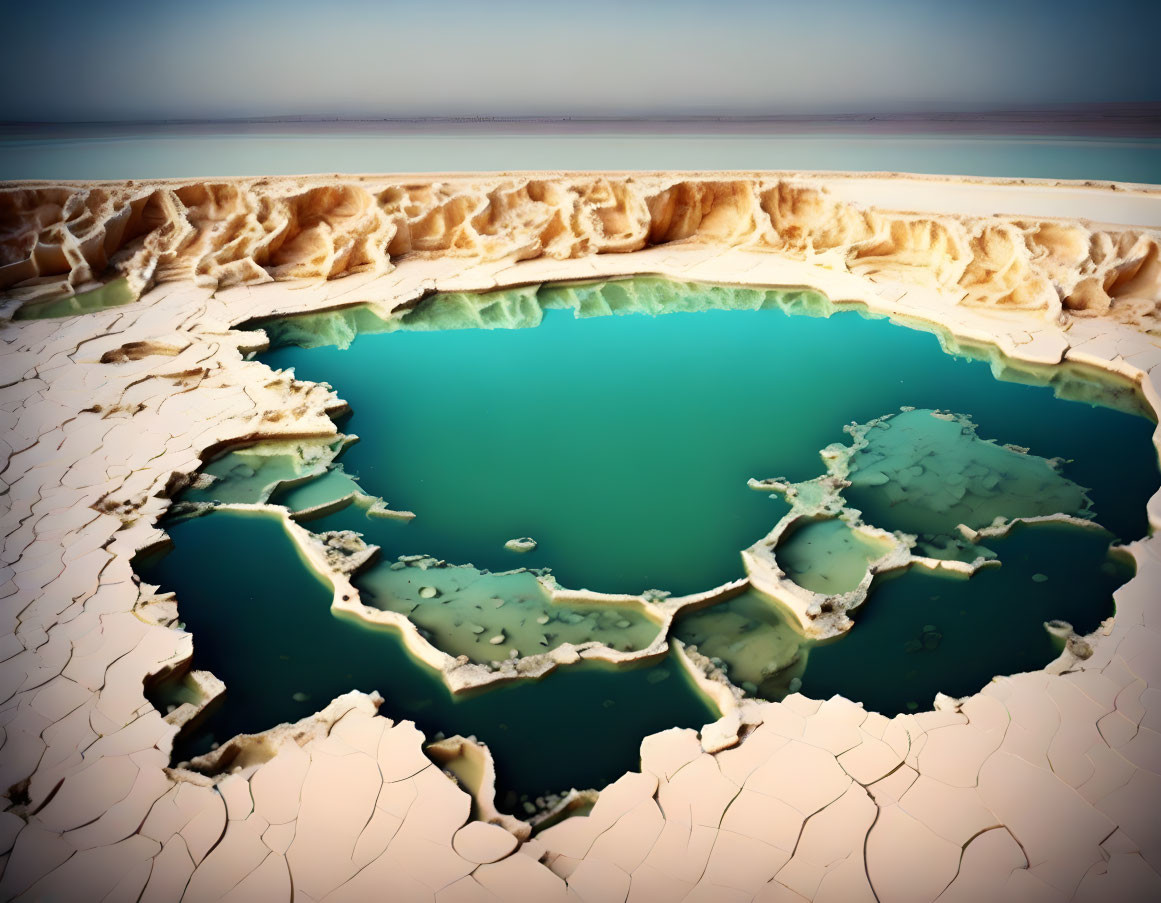 Blue and Green Sinkhole in Beige Earth Landscape