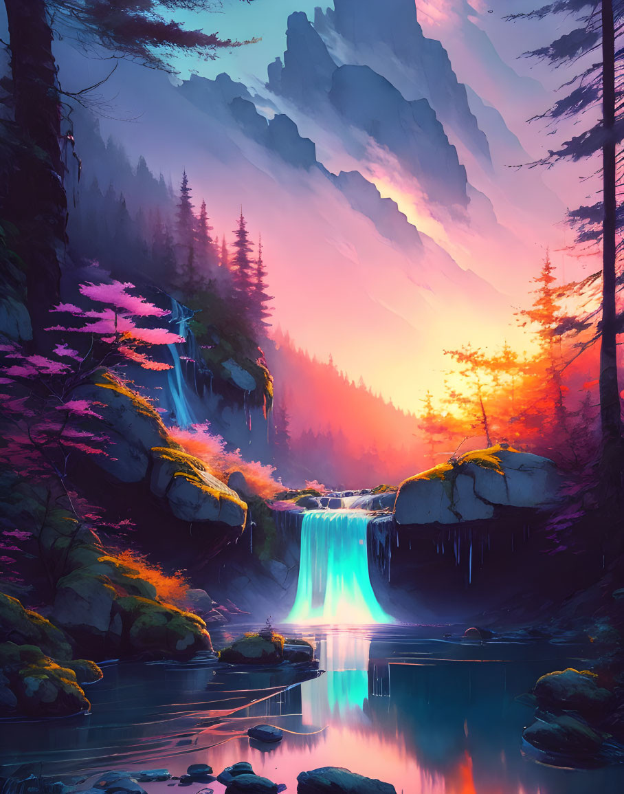 Digital artwork of serene forest waterfall with mountains and colorful dusk sky