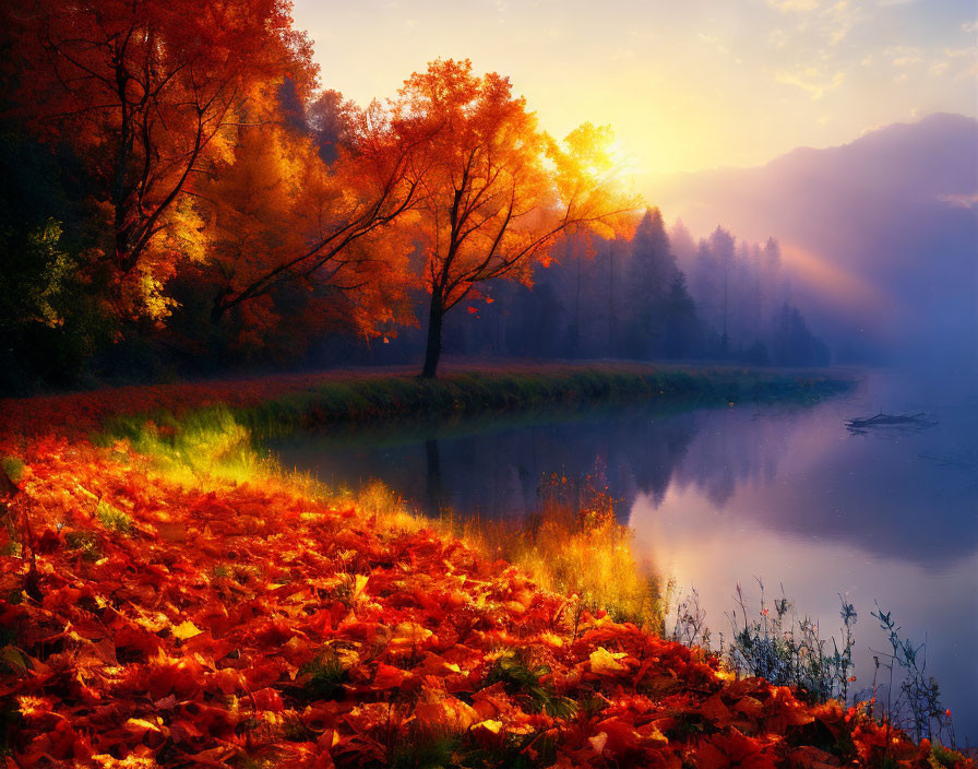 Fall Foliage Reflecting Sun Rays on Lake