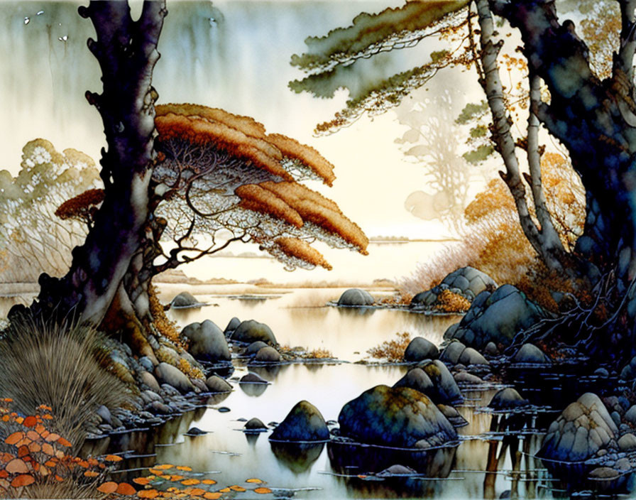 Tranquil landscape: serene lake, autumn trees, rocks - orange and blue hues