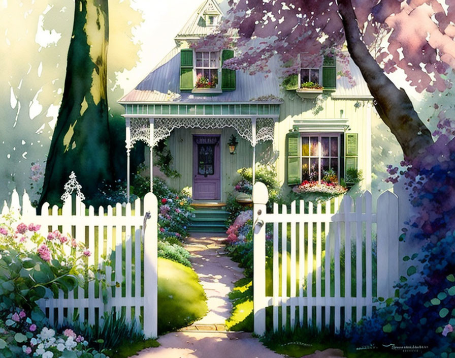 Charming cottage with white picket fence in lush garden