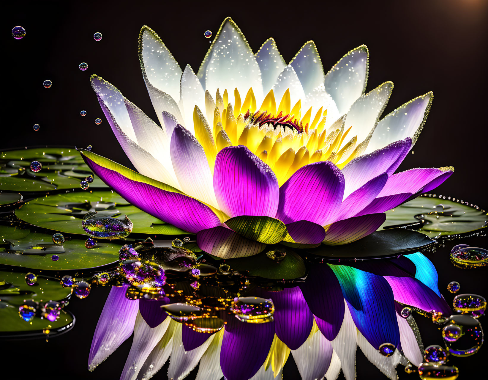 Vibrant digital artwork: Lotus flower with water drops on serene surface