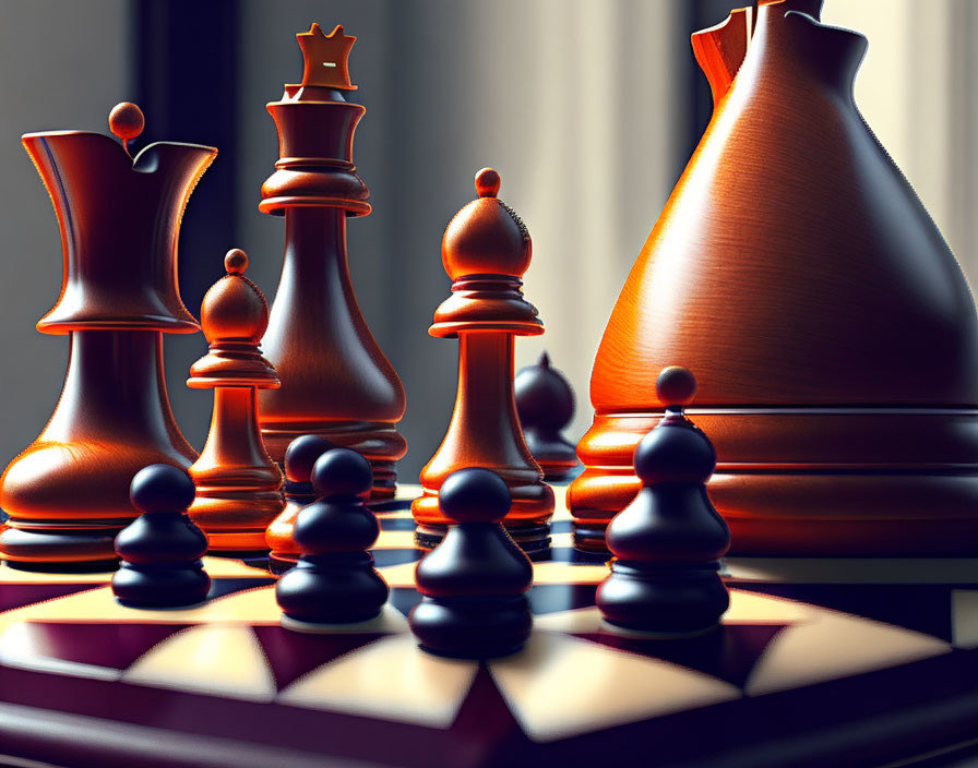 Chessboard with oversized black and white pieces in close-up view