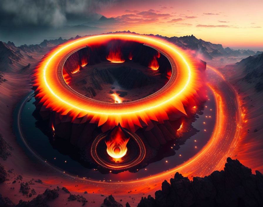 Surreal fiery ring above volcanic crater in mountainous landscape