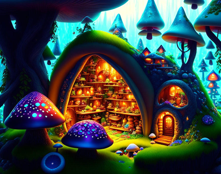 Colorful Mushroom Houses in Vibrant Fantasy Forest