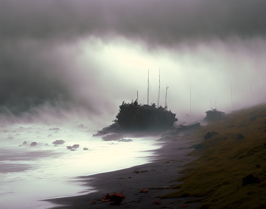 Misty Beach with Shipwrecks and Silhouetted Boats