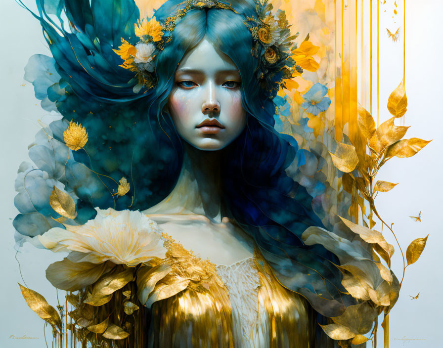 Fantastical portrait of woman with blue hair and golden flower adornments amid ethereal foliage.