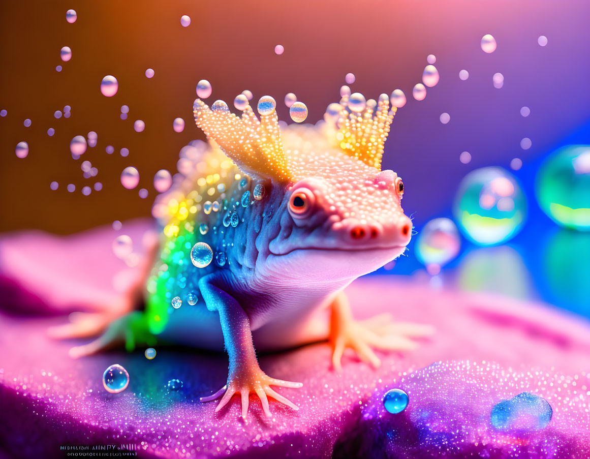 Colorful digitally-enhanced frog with sparkling water droplets on bokeh background