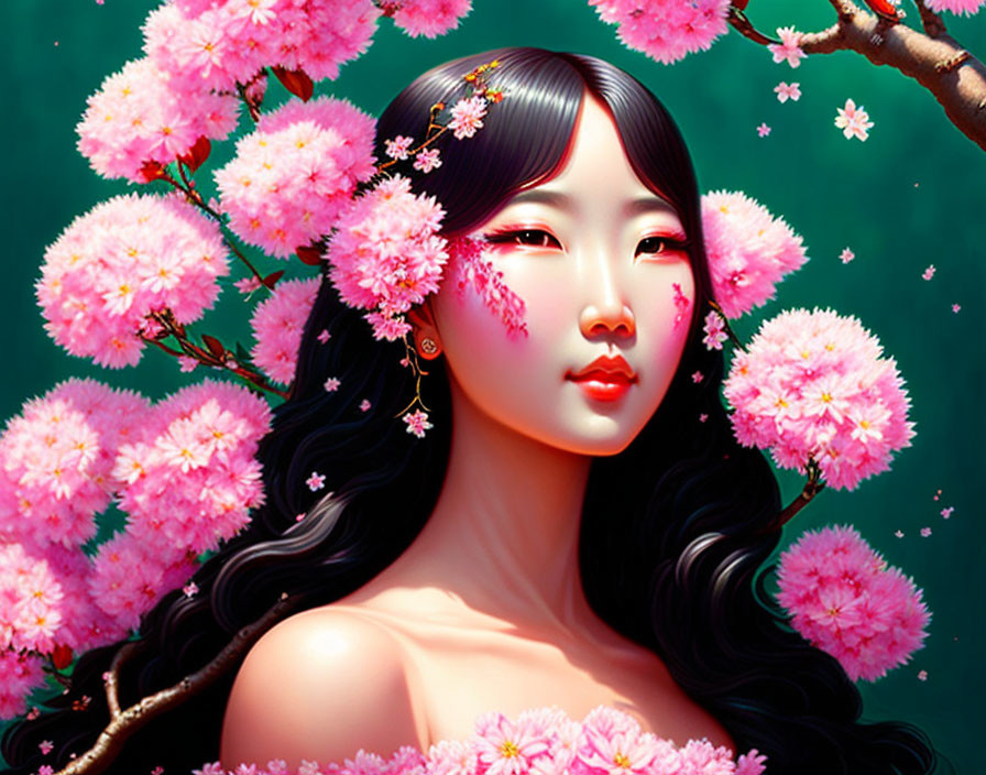 Detailed Digital Artwork: Woman with Black Hair and Pink Cherry Blossoms