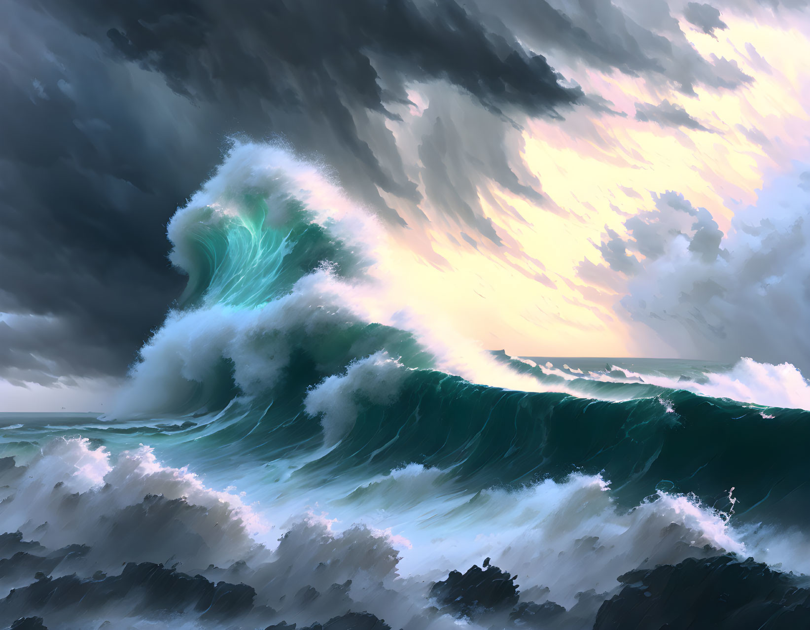 Stormy Sky Over Powerful Wave Cresting in Digital Painting