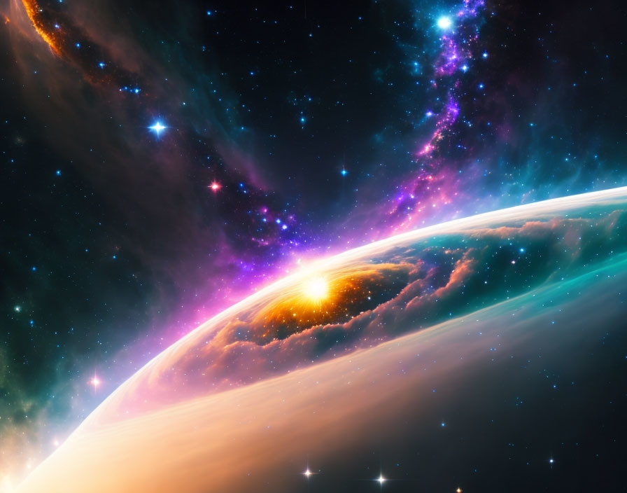 Colorful Space Scene: Planet Horizon, Bright Sun, Nebulas