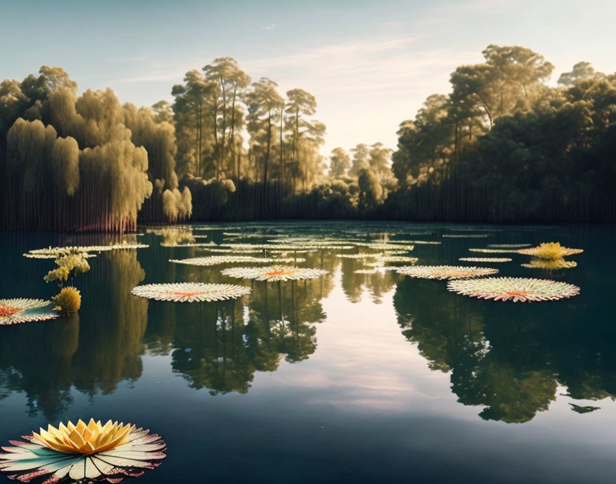 Tranquil Lake Scene with Reflecting Trees and Blooming Water Lilies