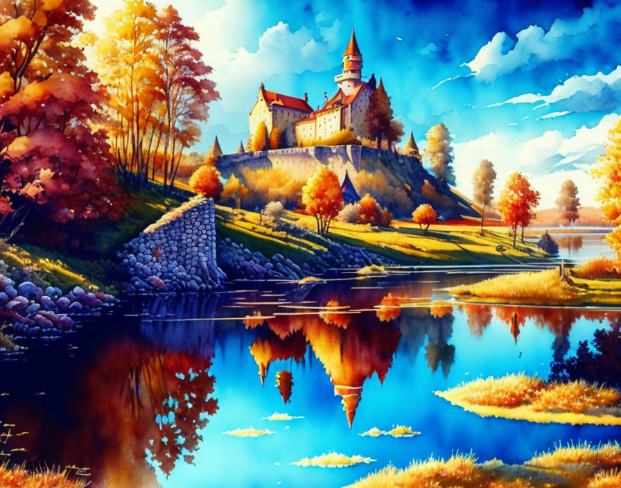 Castle on hill painting with autumn trees and lake reflection