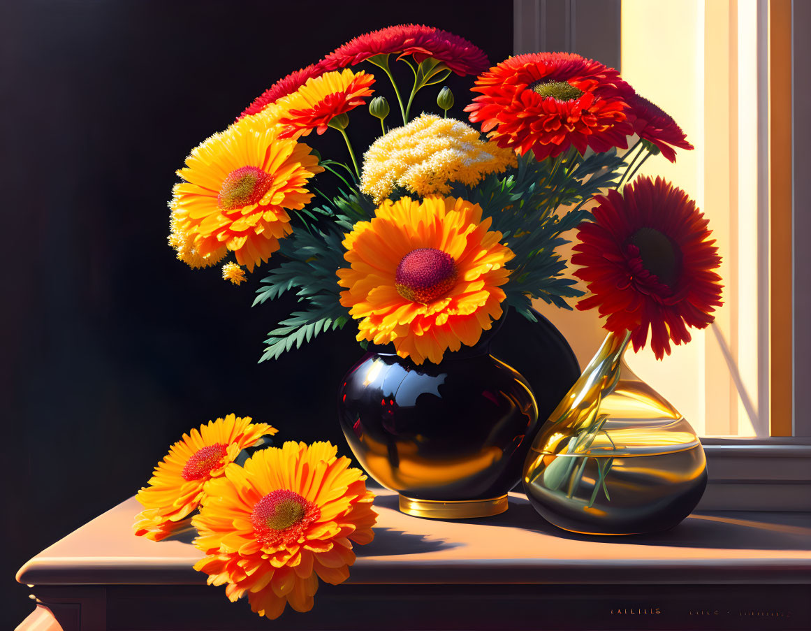 Colorful Red and Yellow Flower Bouquet in Black and Golden Vases on Sunlit Windowsill