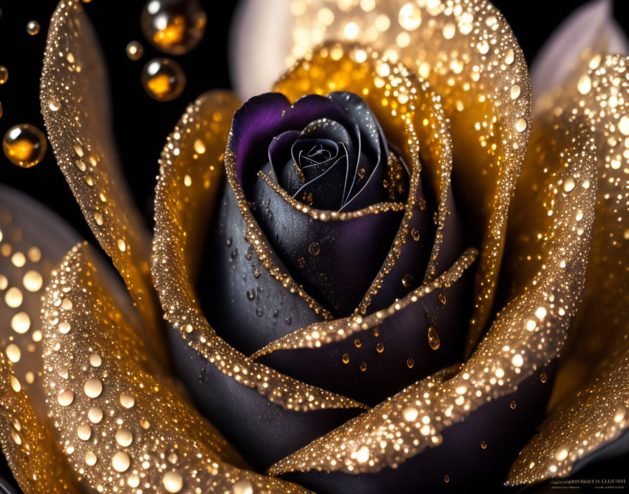 Dark Purple Rose with Water Droplets and Golden Glitter on Black Background