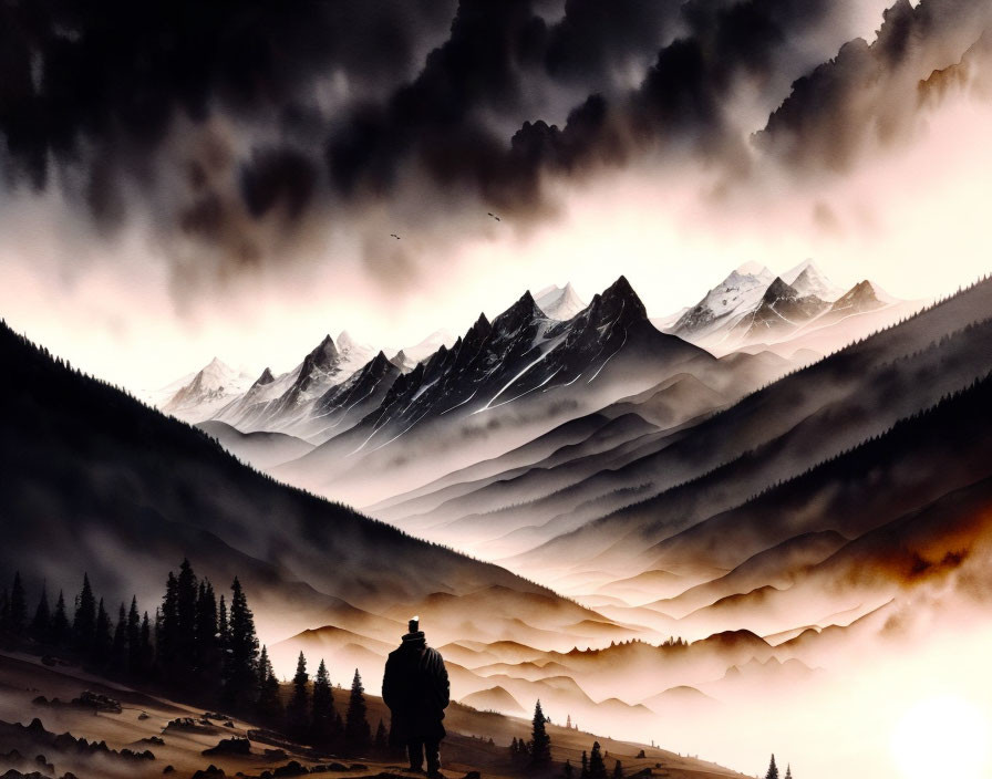 Solitary Figure Amid Misty Mountains and Dramatic Sky