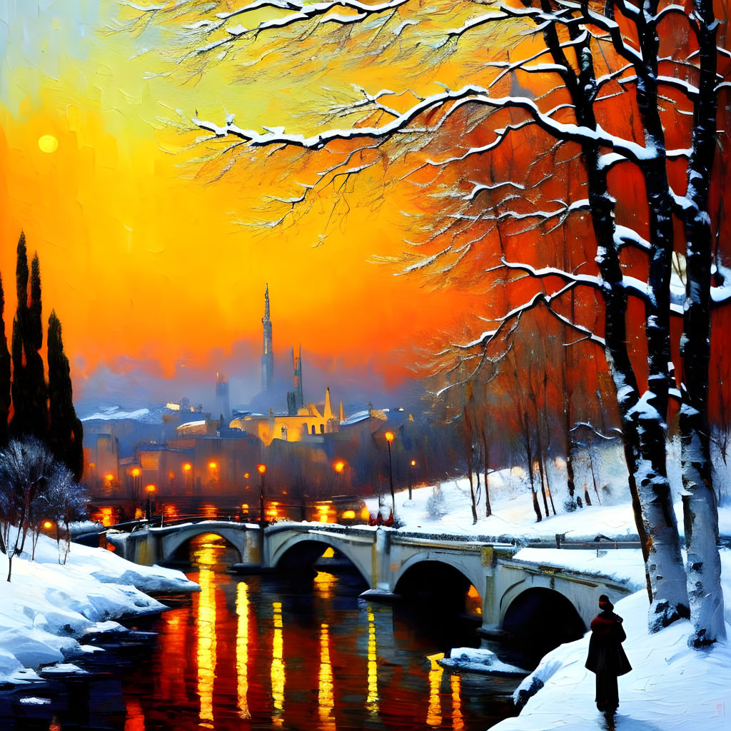 Snowy riverside painting with bridge, figure, illuminated buildings, and silhouetted trees at