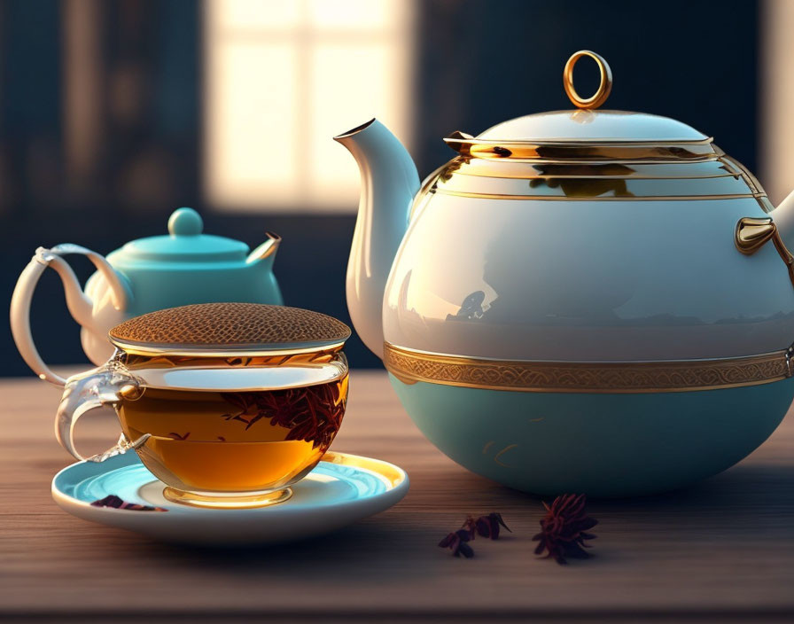 Teapot and Cup Tea Set with Amber Tea and Star Anise on Wooden Surface