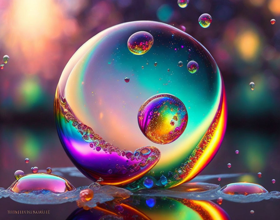 Colorful iridescent bubbles on surface with bokeh background