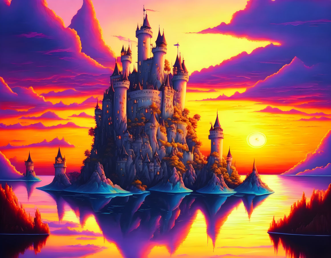 Fantastical castle at sunset with orange and purple skies reflected on water