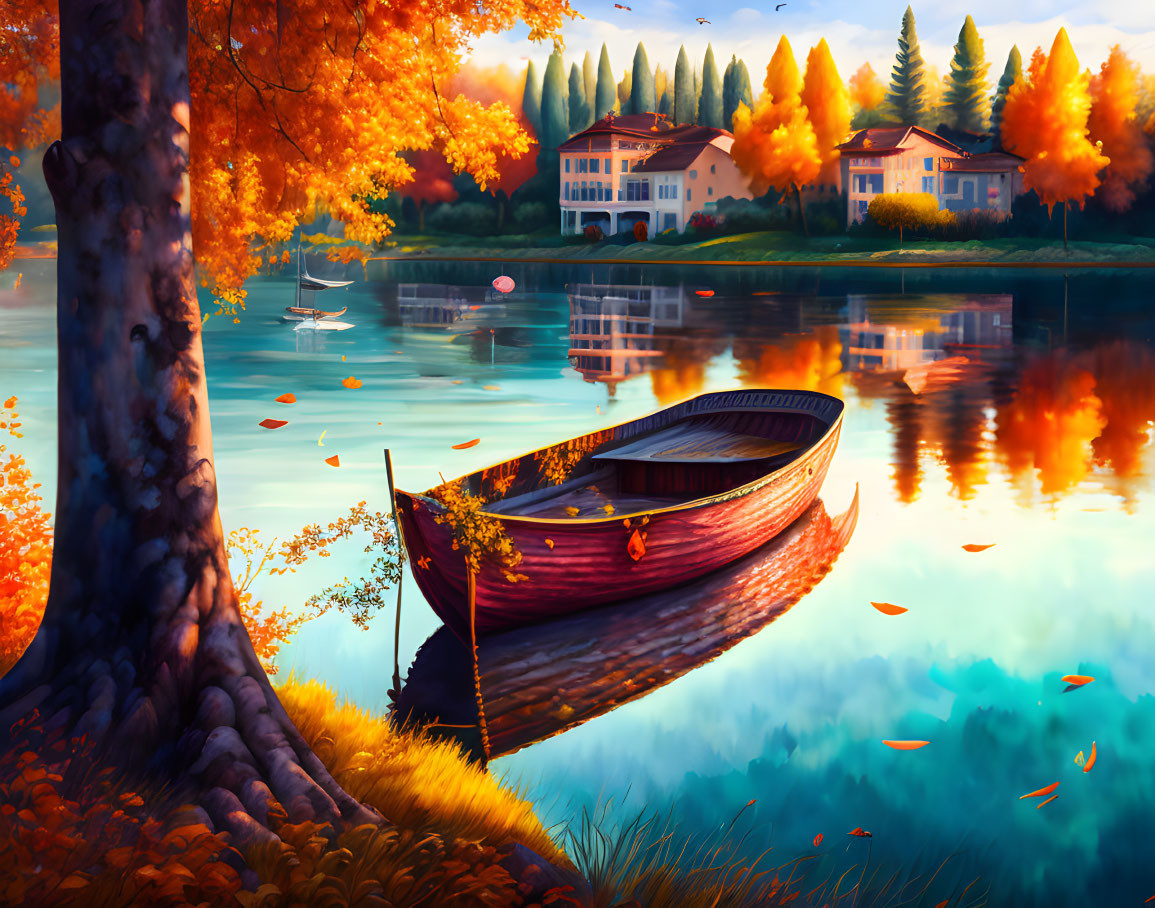 Vibrant fall landscape: red boat, serene lake, colorful trees, lakeside homes, and