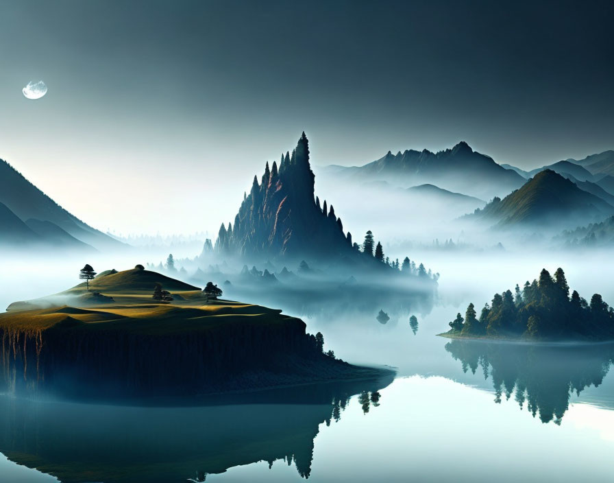 Tranquil landscape with misty mountains, serene lake, lush greenery, and crescent moon