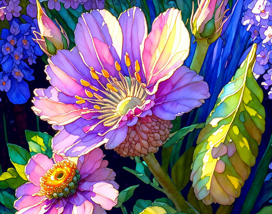 Colorful Floral Illustration with Purple and Pink Petals, Yellow Stamens, Green Foliage