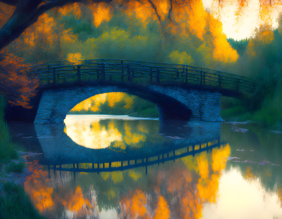 Stone arch bridge over river with autumn trees reflecting in twilight