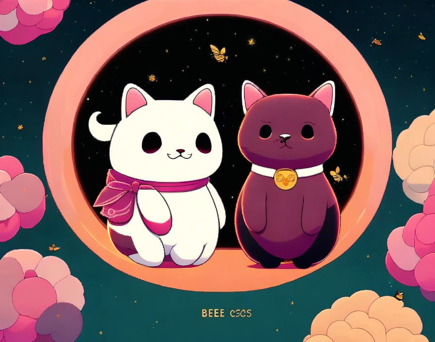 Stylized cartoon cats in circular frame with stars and butterflies