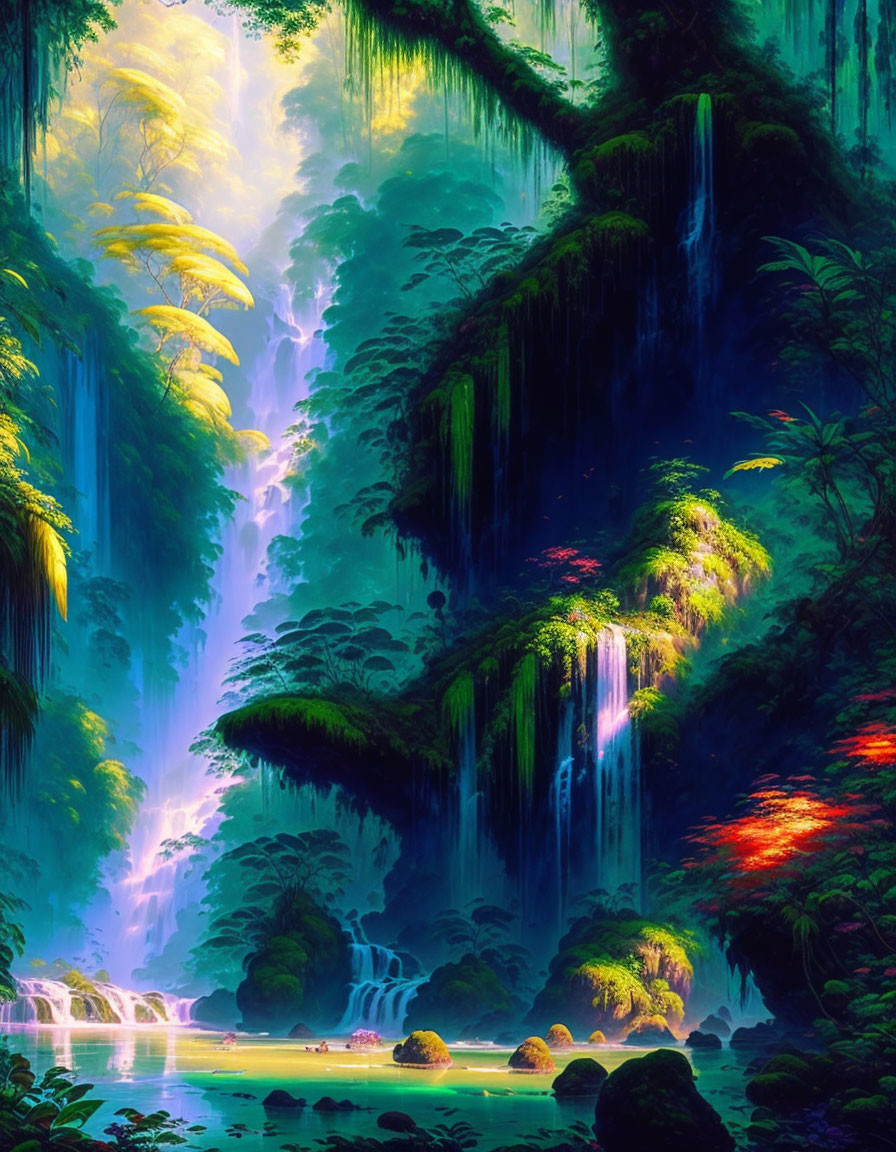 Lush mystical forest with waterfalls and ethereal light