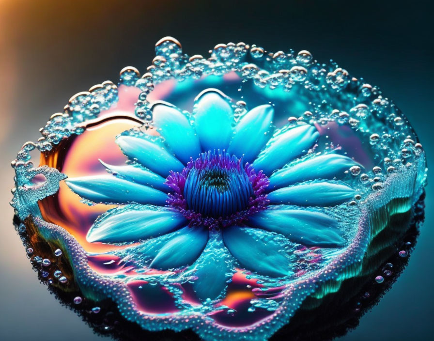 Blue Daisy Submerged in Water with Air Bubbles on Gradient Background