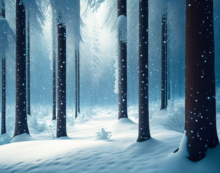 Tranquil winter forest with snow-covered ground