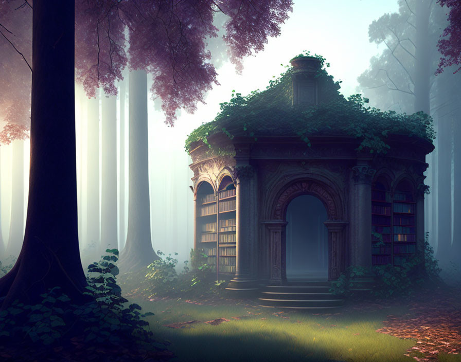 Enchanting forest library with misty tall trees and pink-leaved rotunda.