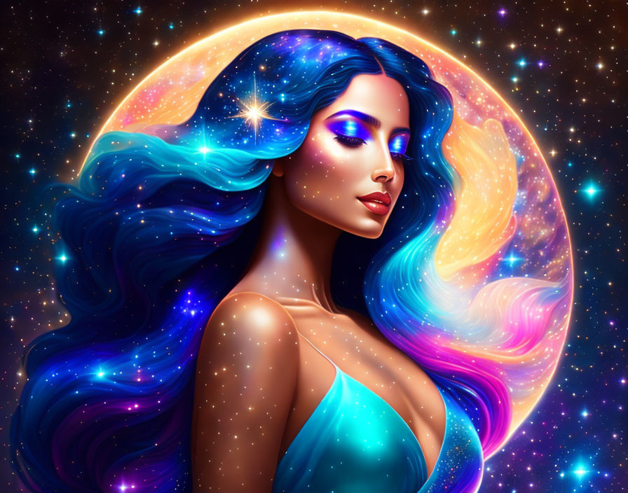 Illustration of woman with blue hair in cosmic setting