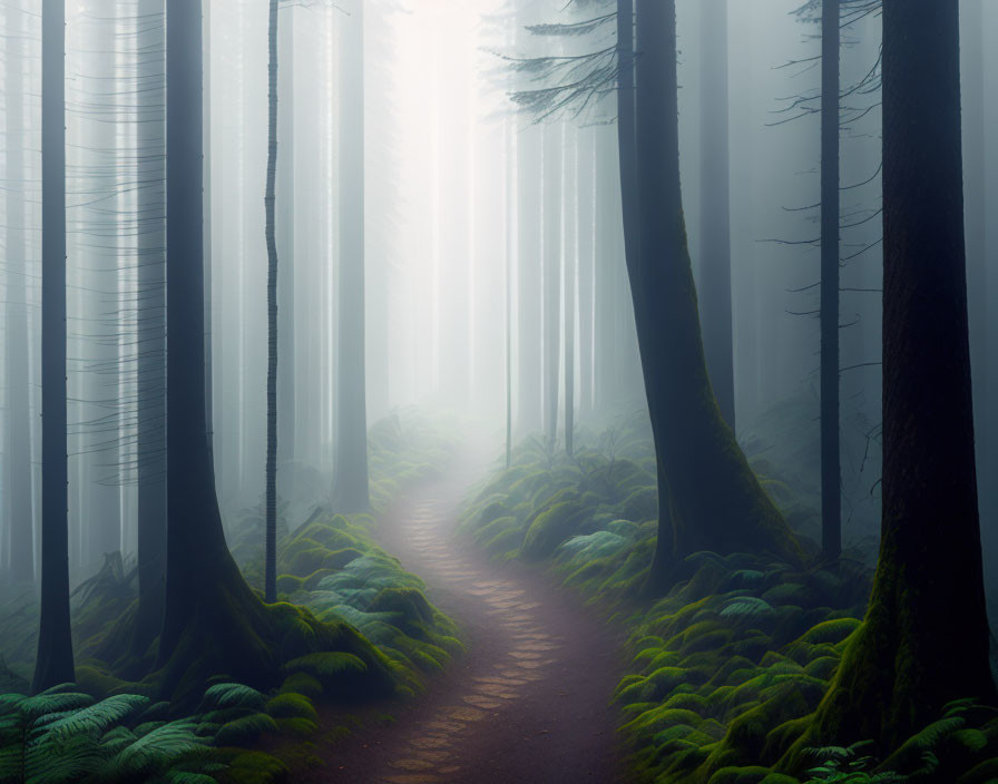 Serene forest landscape with misty trees and winding path