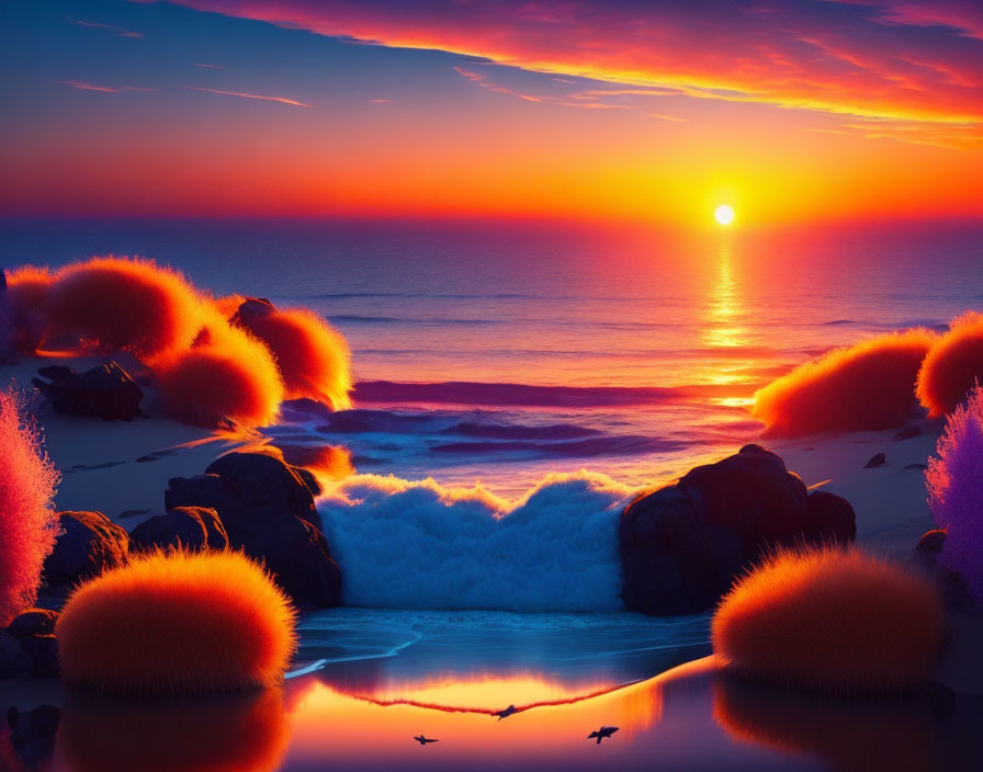 Vibrant sunset over ocean with fluffy orange clouds and colorful reflections