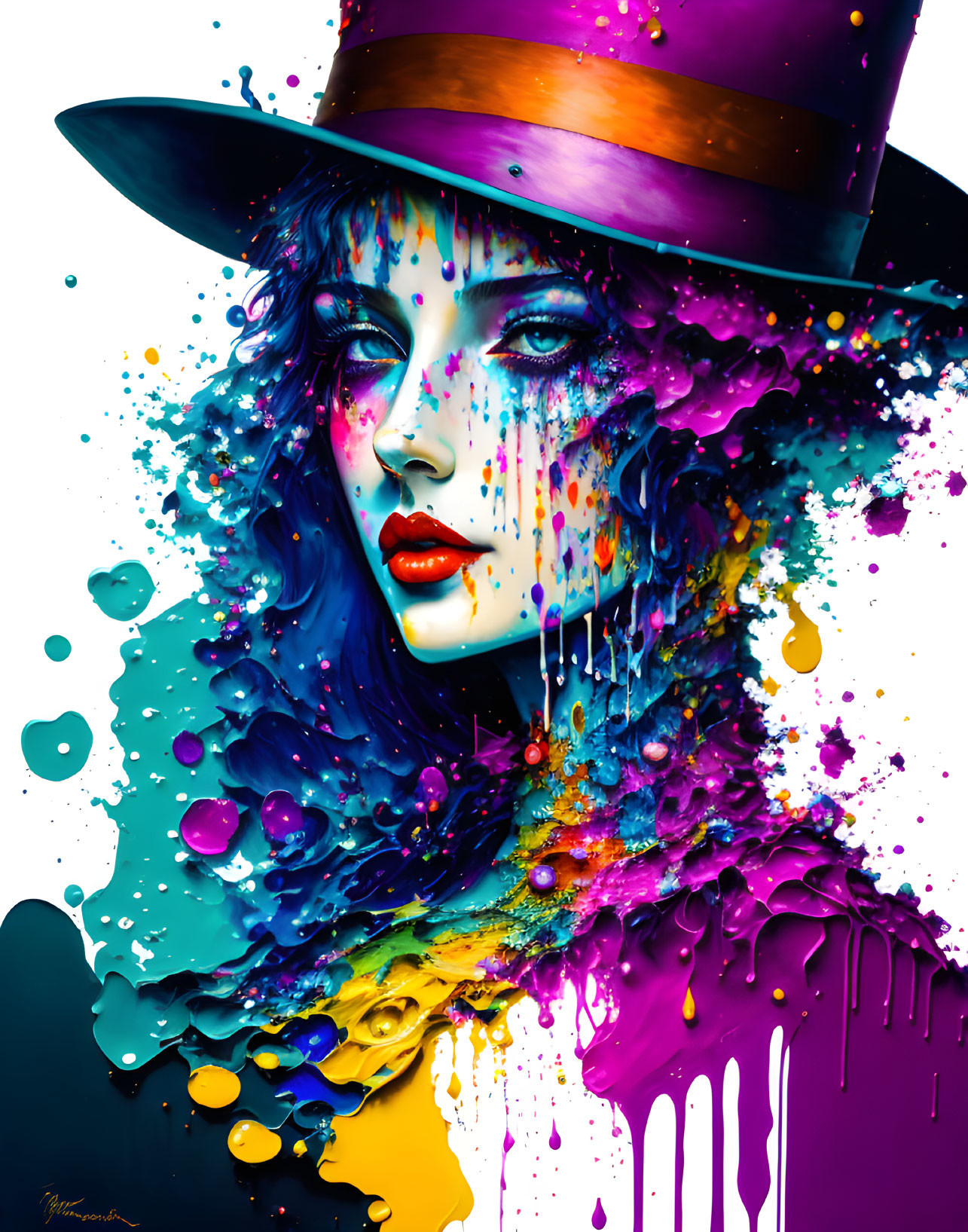 Colorful digital artwork: Woman with melting effect and purple hat