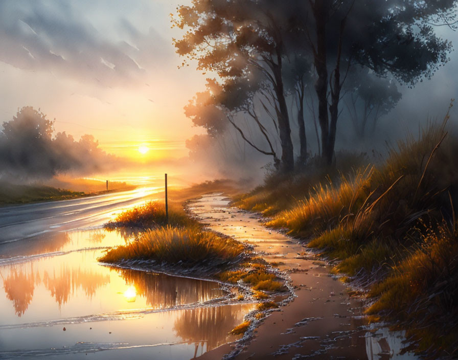 Tranquil sunset scene with golden hues on wet road, trees, grass, and mist