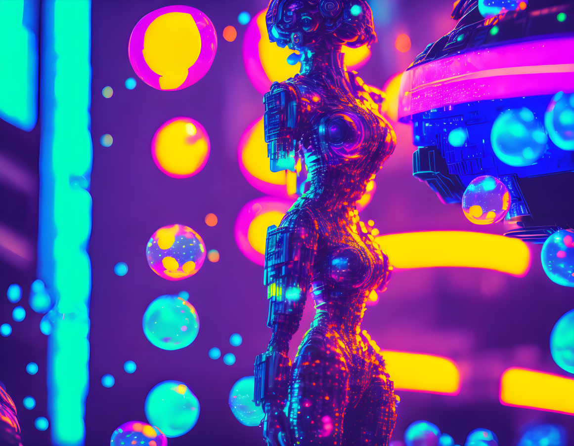 Futuristic neon-lit scene with robot woman silhouette and floating orbs