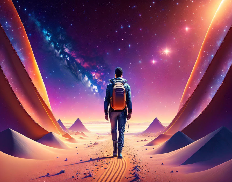 Backpacker on desert path gazes at surreal cosmic sky