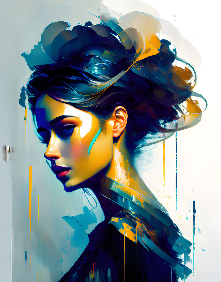 Vibrant blue and yellow stylized portrait with abstract elements