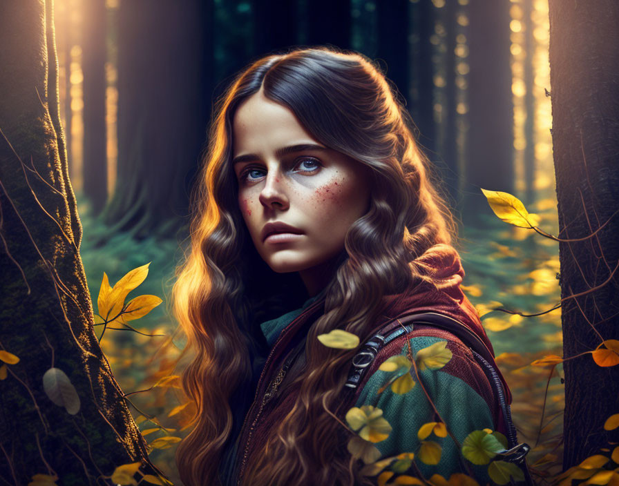 Young woman with flowing hair gazes in sunlit forest