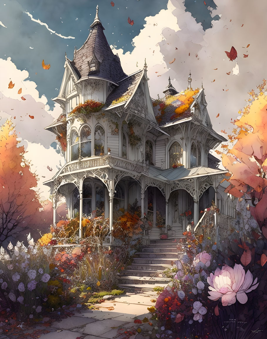 Victorian house with autumn foliage, winding staircase, towers, and balconies