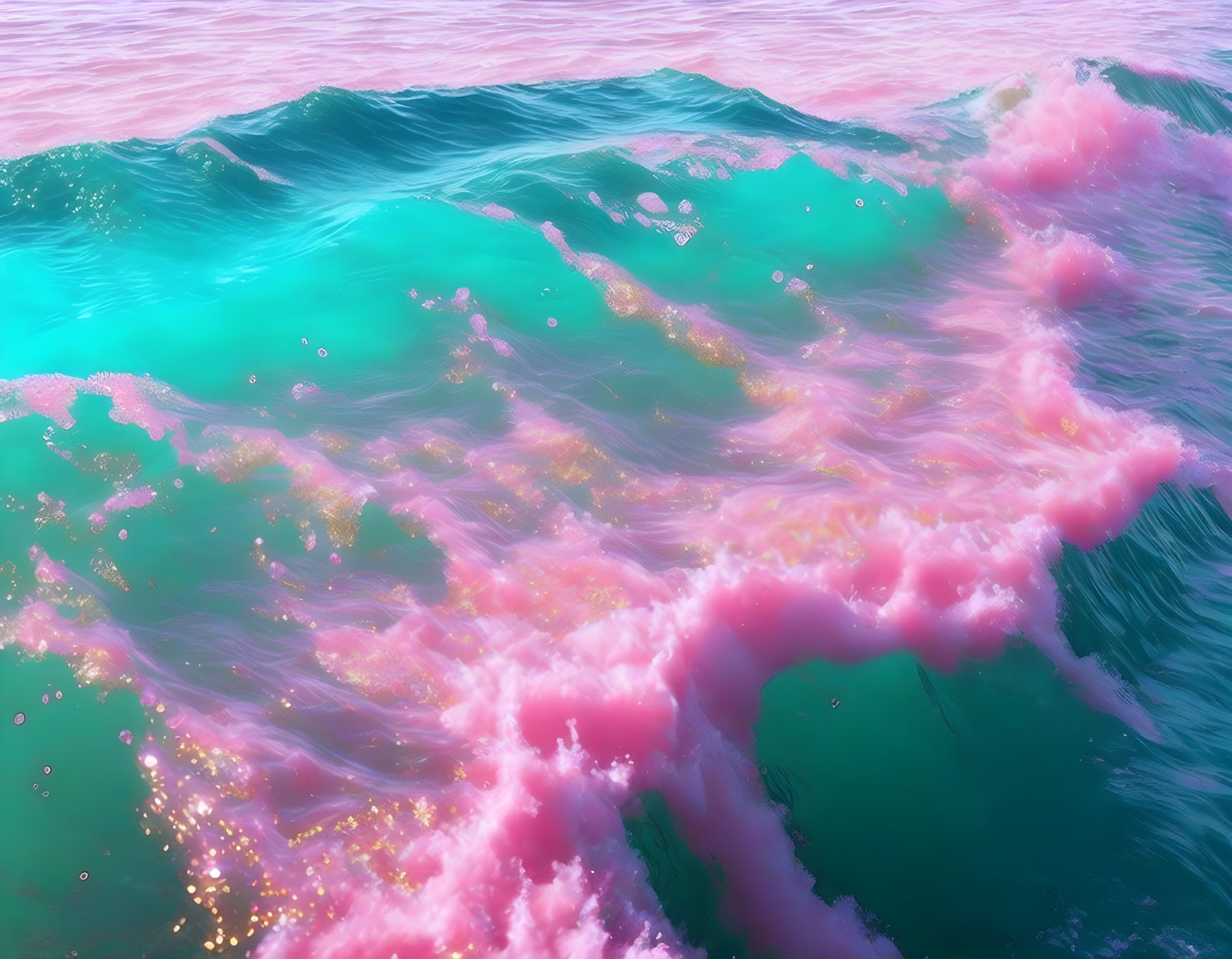 Vibrant pink and teal waves with sparkling particles in surreal oceanic scene