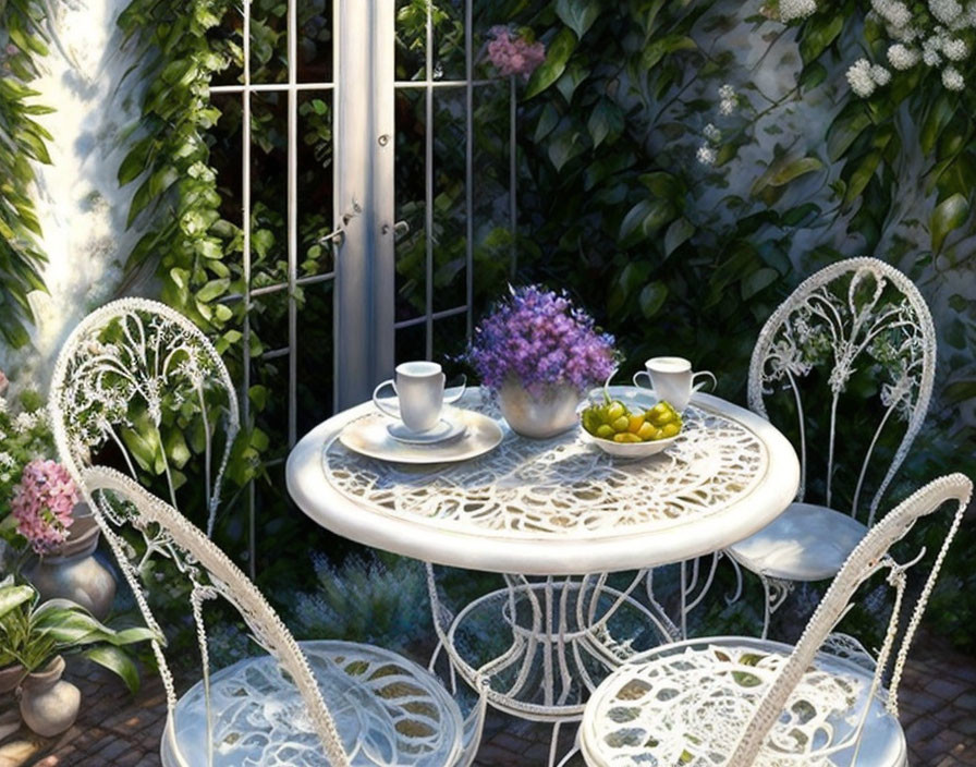 Tranquil Garden Scene with Round Wrought Iron Table for Two